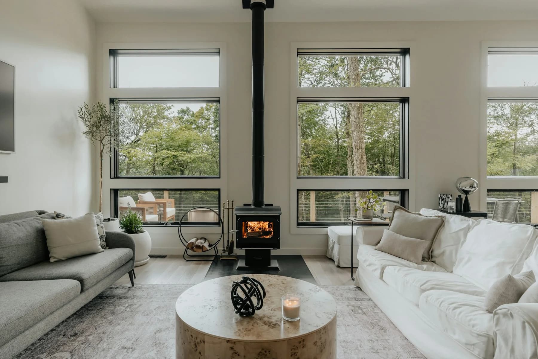 Comfortable living room with natural wood and warm light